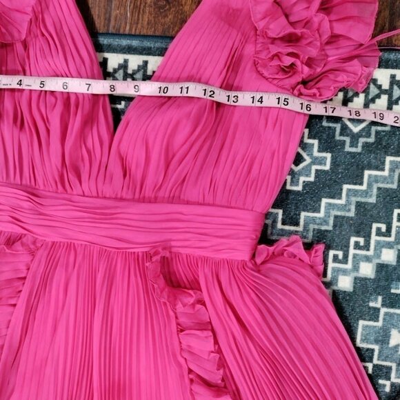 Mac Duggal Pink Ruffled Maxi Dress Flowy Pleated Deep V-Neck Evening Gown Size 4 - Picture 15 of 16